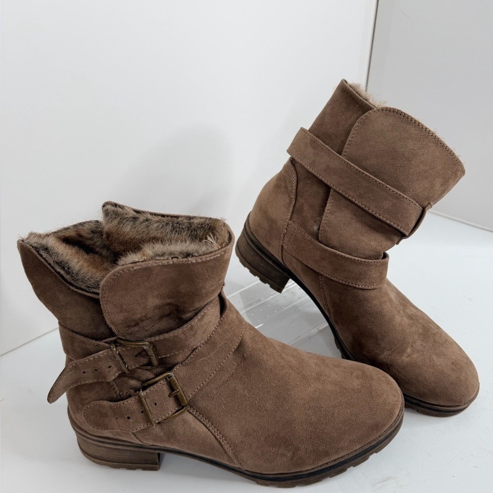 White Mountain Women Brown Faux Suede Fur Lined Buckle Ankle Boots Size 8.5M
